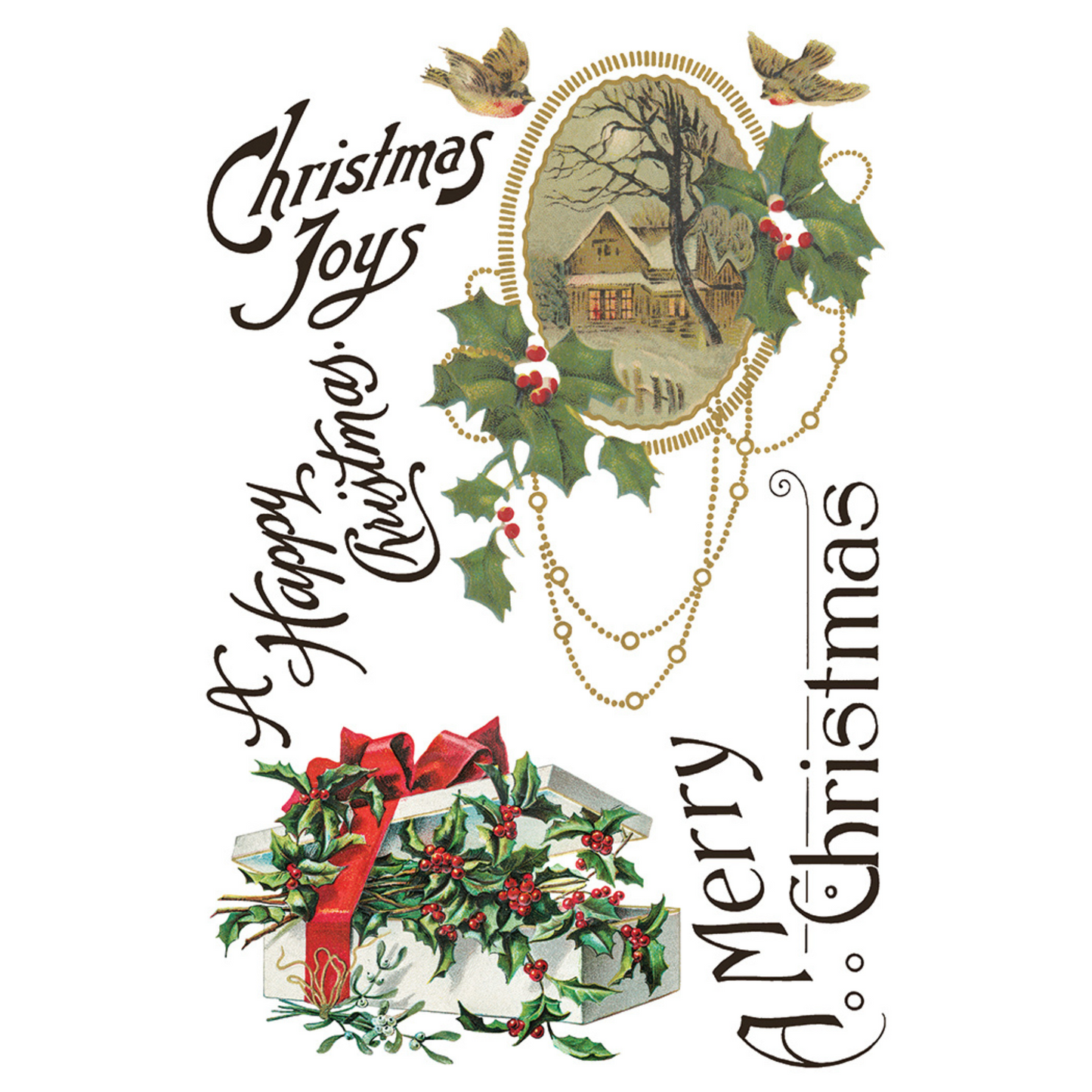 "Christmas Joy" IOD Transfer by Iron Orchid Designs. Available at Milton's Daughter. Pg 7 of 8. Decorative Christmas design with text and festive elements.