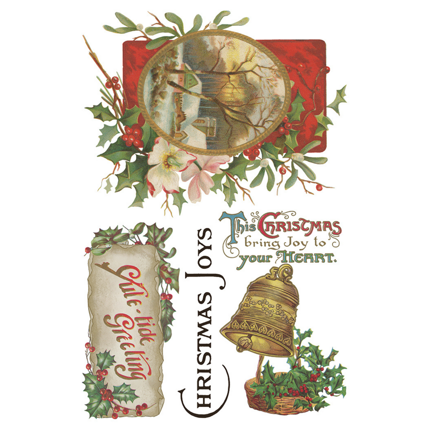 "Christmas Joy" IOD Transfer by Iron Orchid Designs. Available at Milton's Daughter. Pg 8 of 8. Decorative Christmas design with text and festive elements.