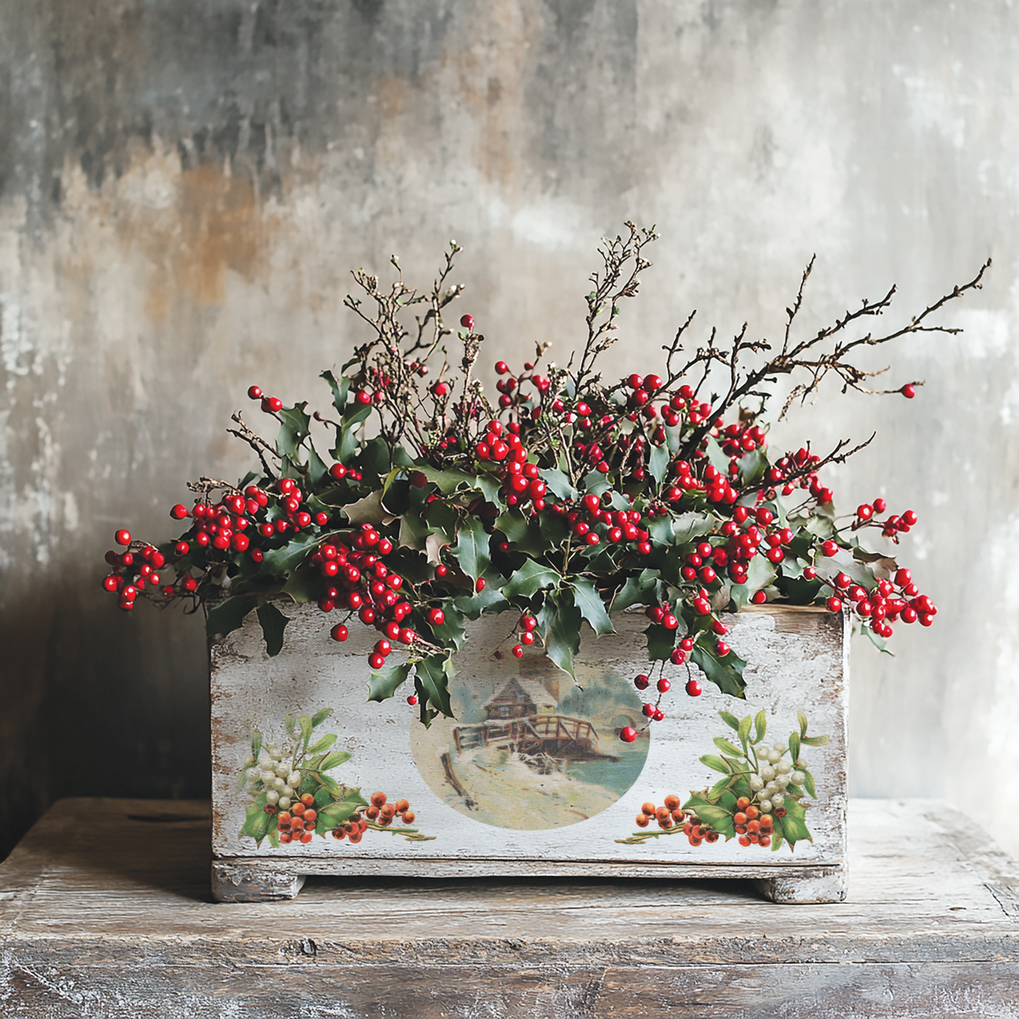 "Christmas Joy" IOD Transfer by Iron Orchid Designs. Available at Milton's Daughter. Pic 1. Decorative arrangement of holly berries in a wooden box with a rustic background
