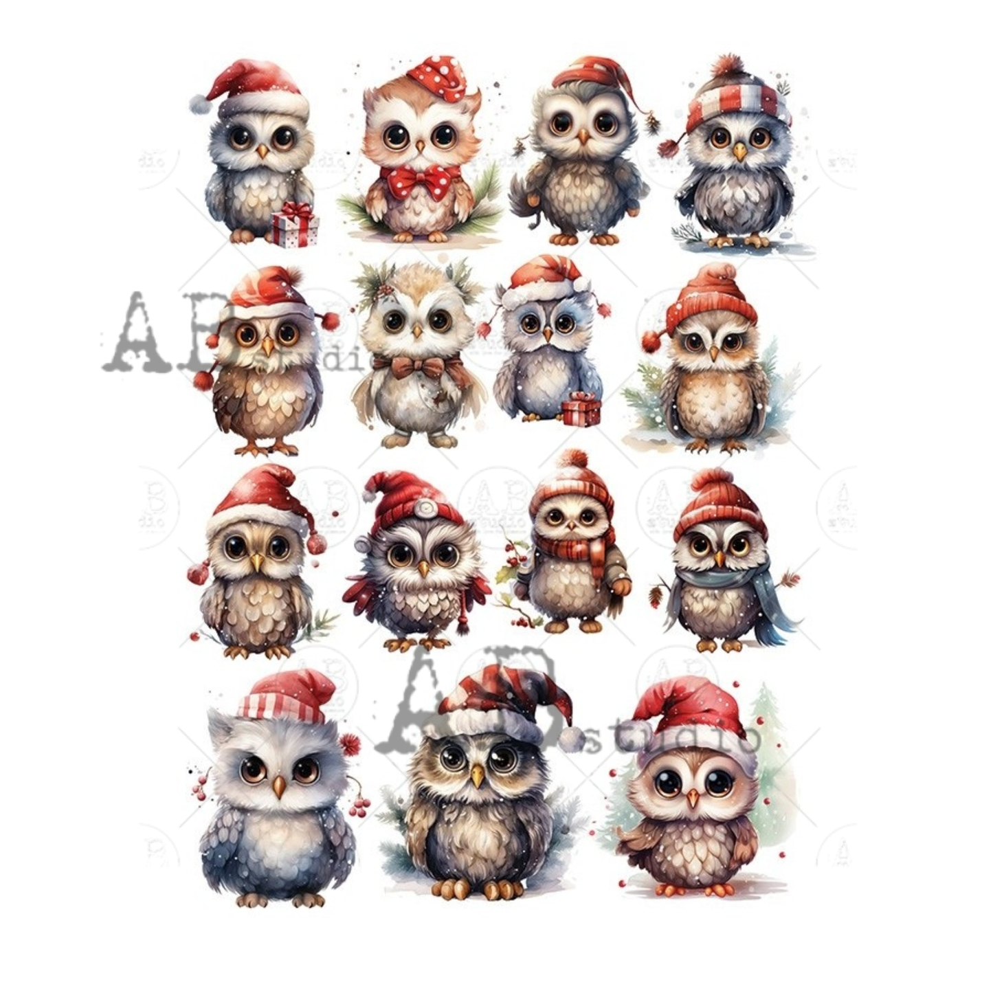 Illustrations of owls wearing Christmas hats and scarves on a white background