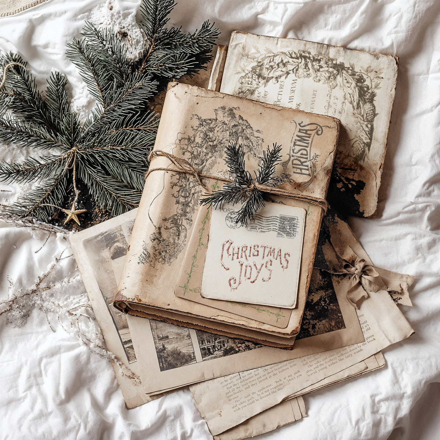 "Christmas Post" IOD Stamp by Iron Orchid Designs. Available at Milton's Daughter. Example pic. Stack of vintage books with Christmas decorations on a white surface