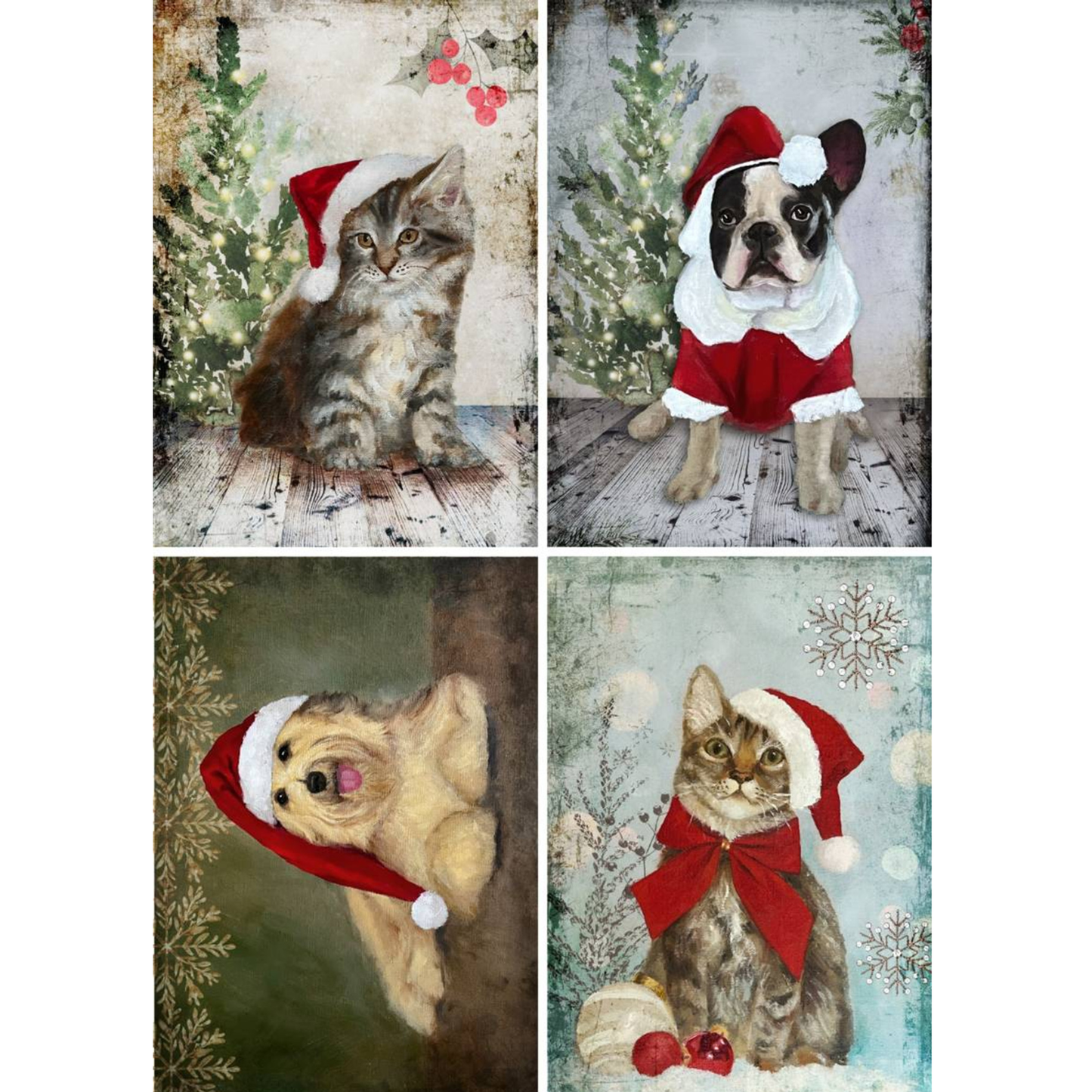 Four Christmas-themed images
featuring cats and dogs wearing Santa hats and outfits.