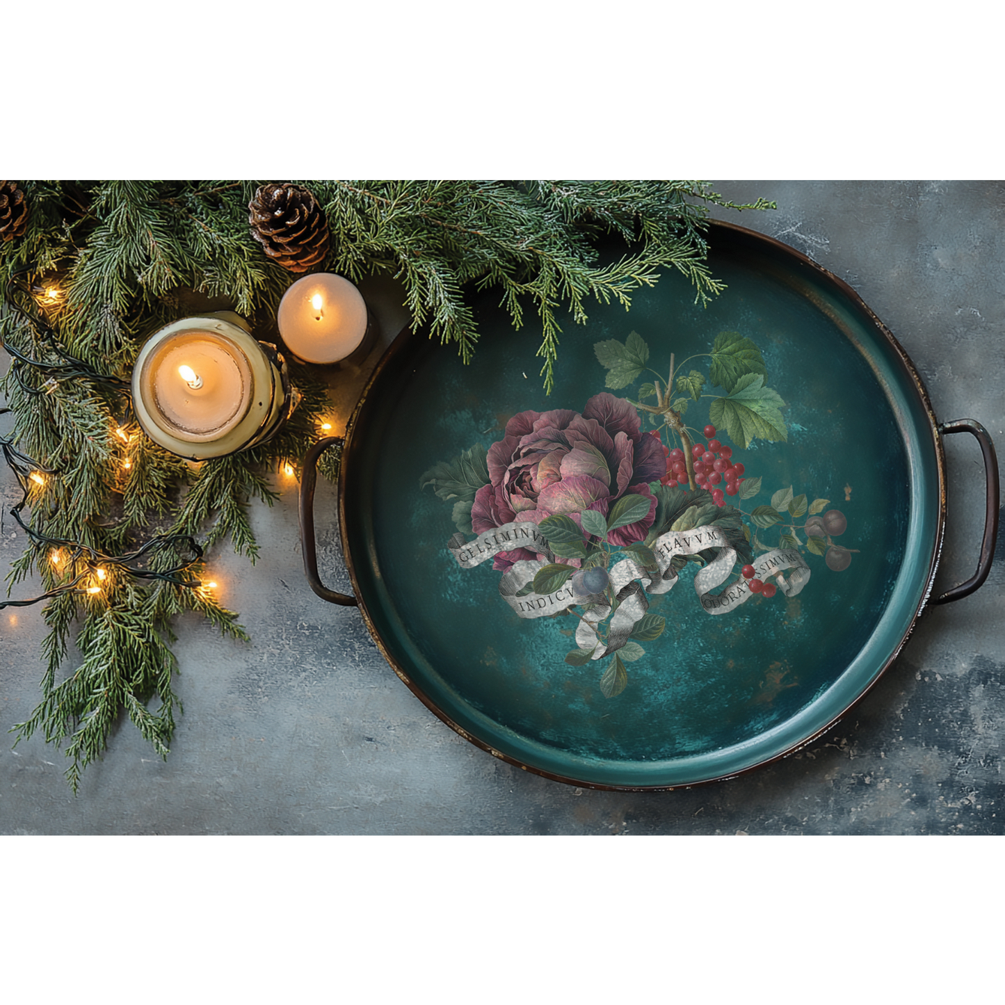"Clementine" IOD Transfer by Iron Orchid Designs. Available at Milton's Daughter. Pic 2- Decorative tray with floral design on a rustic surface with candles and greenery.
