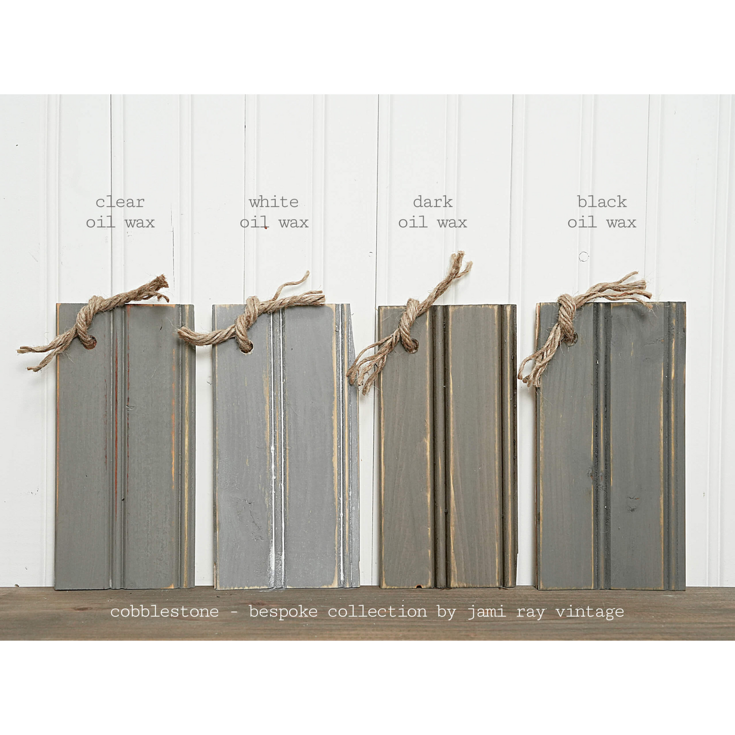 "Cobblestone" Bespoke Collection by Sweet Pickins Milk Paint. Color curated by Jami Ray Vintage. Comparison of color with various oil wax finishes. Available at Milton's Daughter.