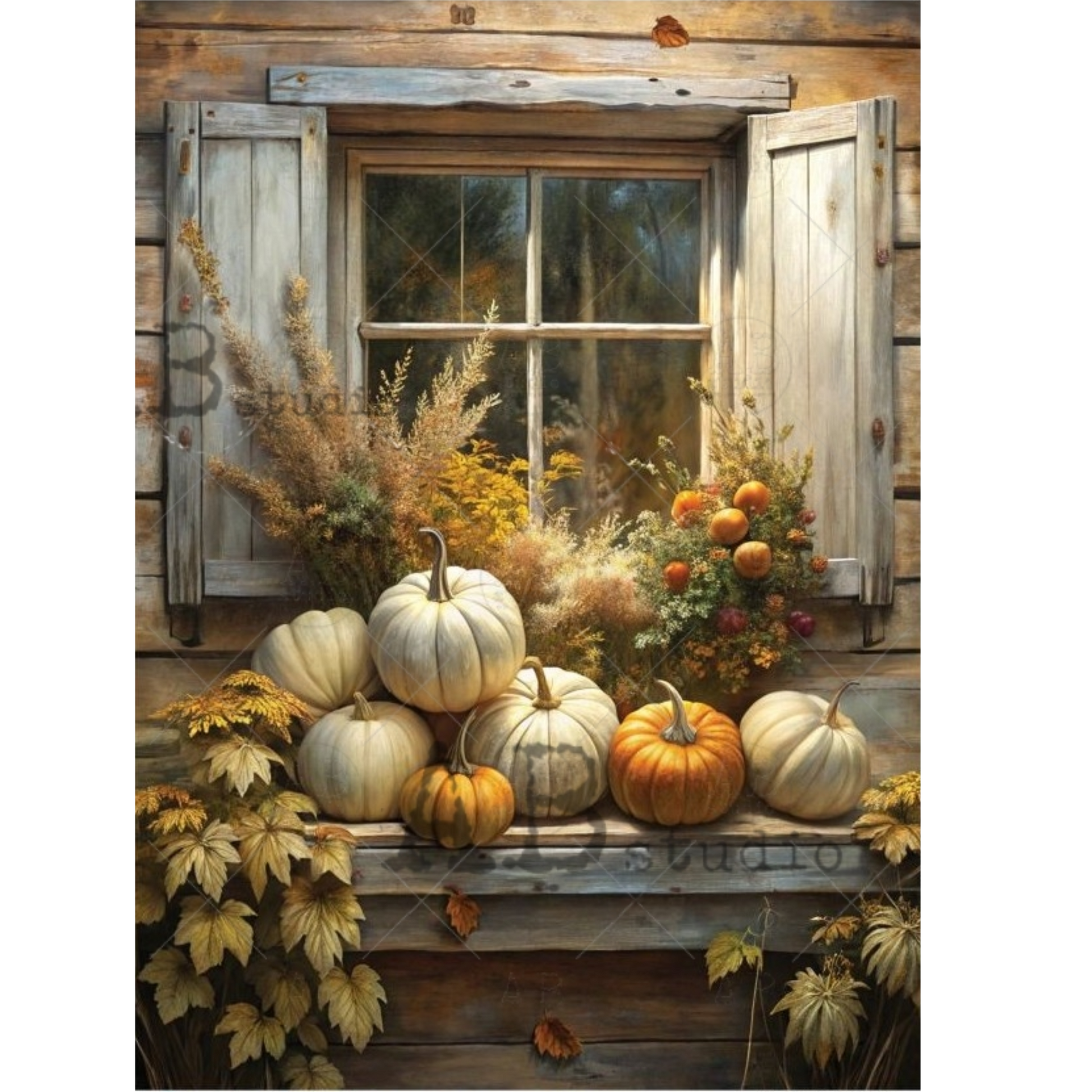 "Cottage Pumpkins" decoupage rice paper by AB Studio. Autumn scene with pumpkins and flowers on a windowsill in front of a wooden window.