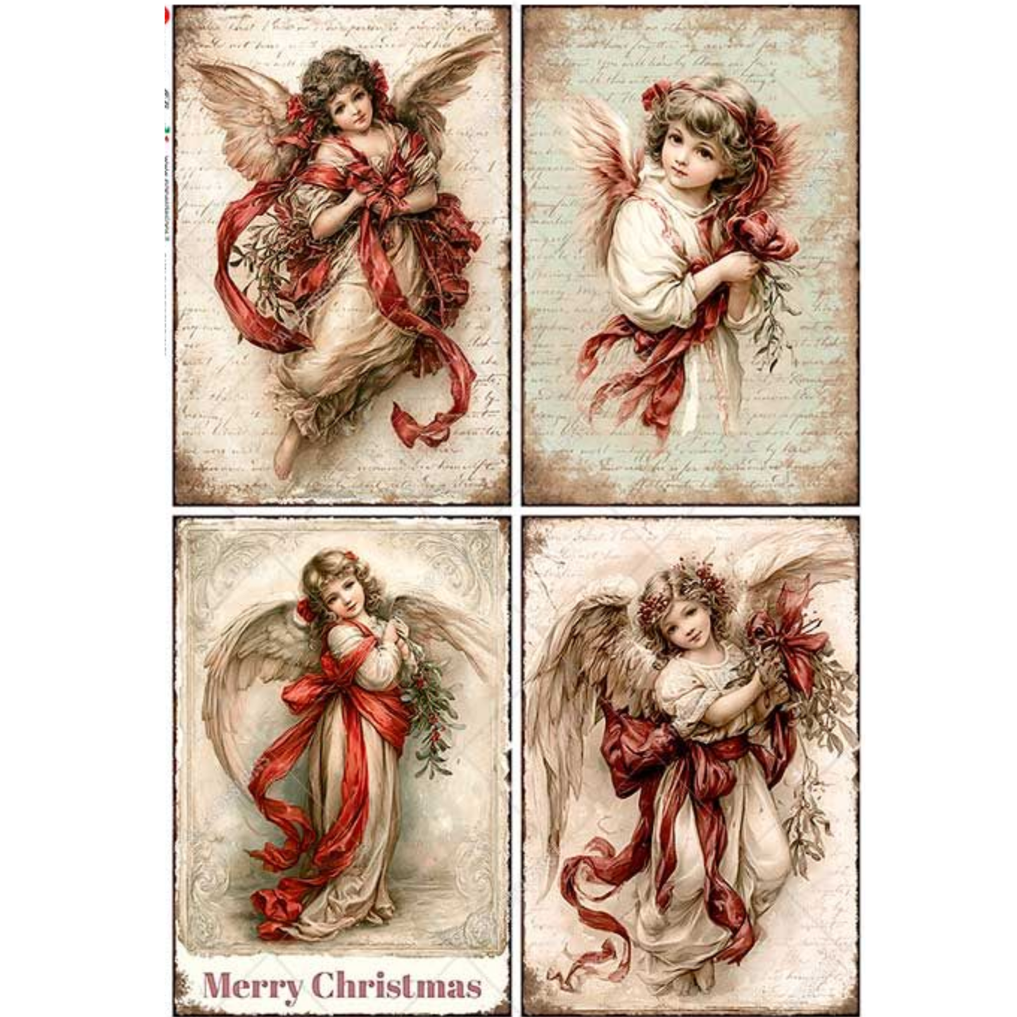 A set of four vintage-style Christmas angel art prints arranged in a grid. Each print shows an angel with wings holding a red ribbon and bow, on aged parchment-like backgrounds.