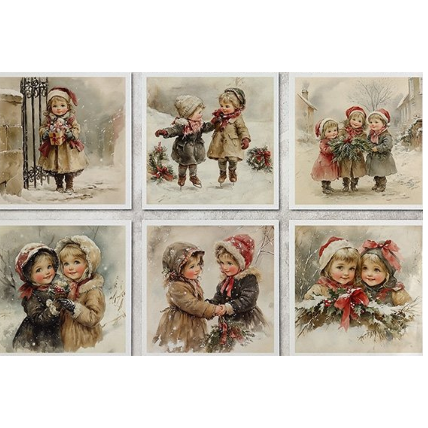 Set of six vintage-style images featuring children in winter clothing and scenes.