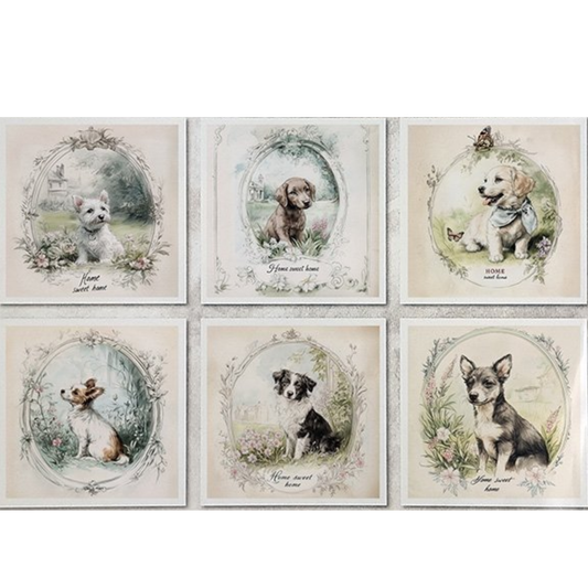 Set of six images with illustrations of dogs in decorative frames on a white background.