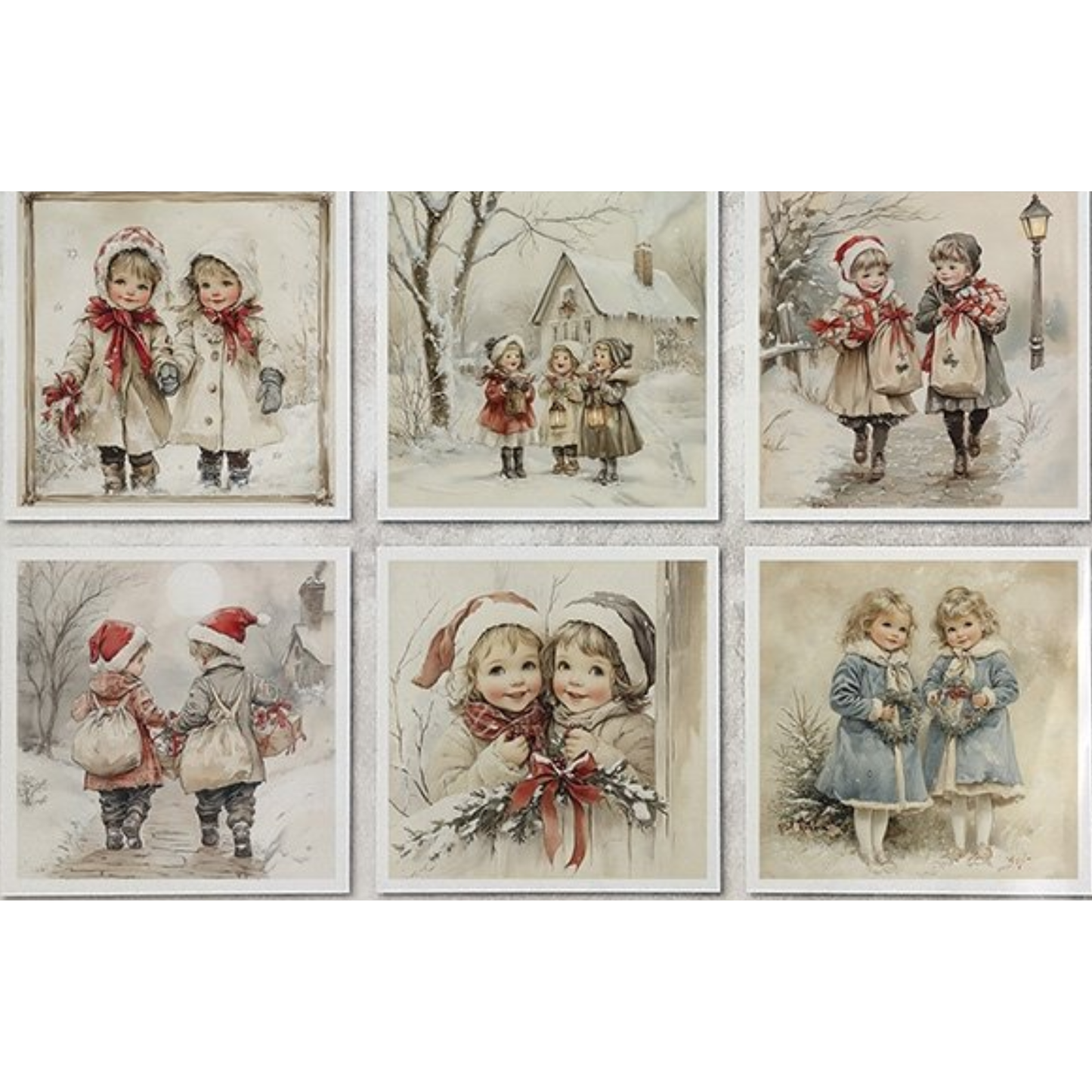 Set of six vintage-style images featuring little girls in winter clothing.