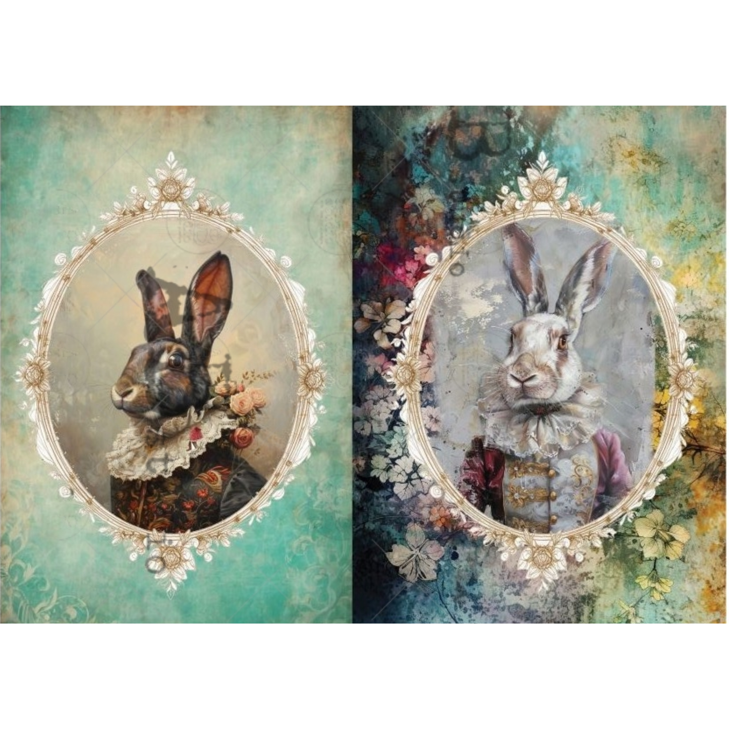 Two artistic portraits of rabbits in decorative frames with weating Edwardian period costumes on a floral textured background.