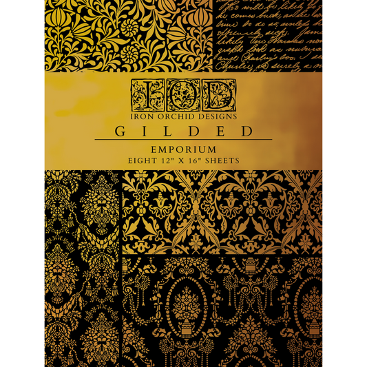"Emporium" IOD Gilded Foil Transfer by Iron Orchid Designs. Eight 12" x 16"  pages. Front Cover.