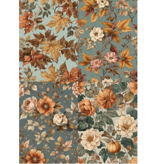"Fall Flowers 4 Pack" decoupage rice paper by AB Studio. Floral and leaf pattern on a teal background.