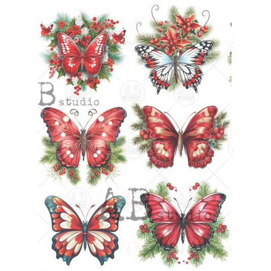 "Festive Holiday Butterflies" decoupage rice paper by AB Studio. Available at Milton's Daughter.