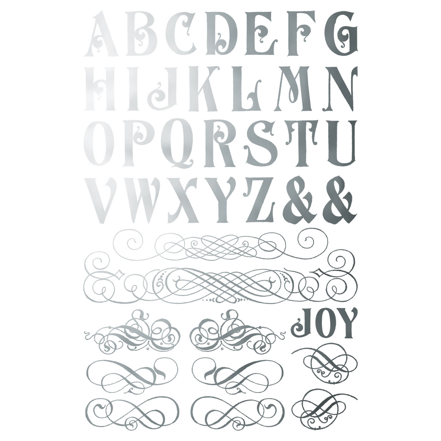 "Figgy & Flourish" IOD Gilded Foil Transfer by Iron Orchid Designs. Pg 3 of 8. Available at Milton's Daughter. Decorative alphabet letters and ornate designs in silver foil.