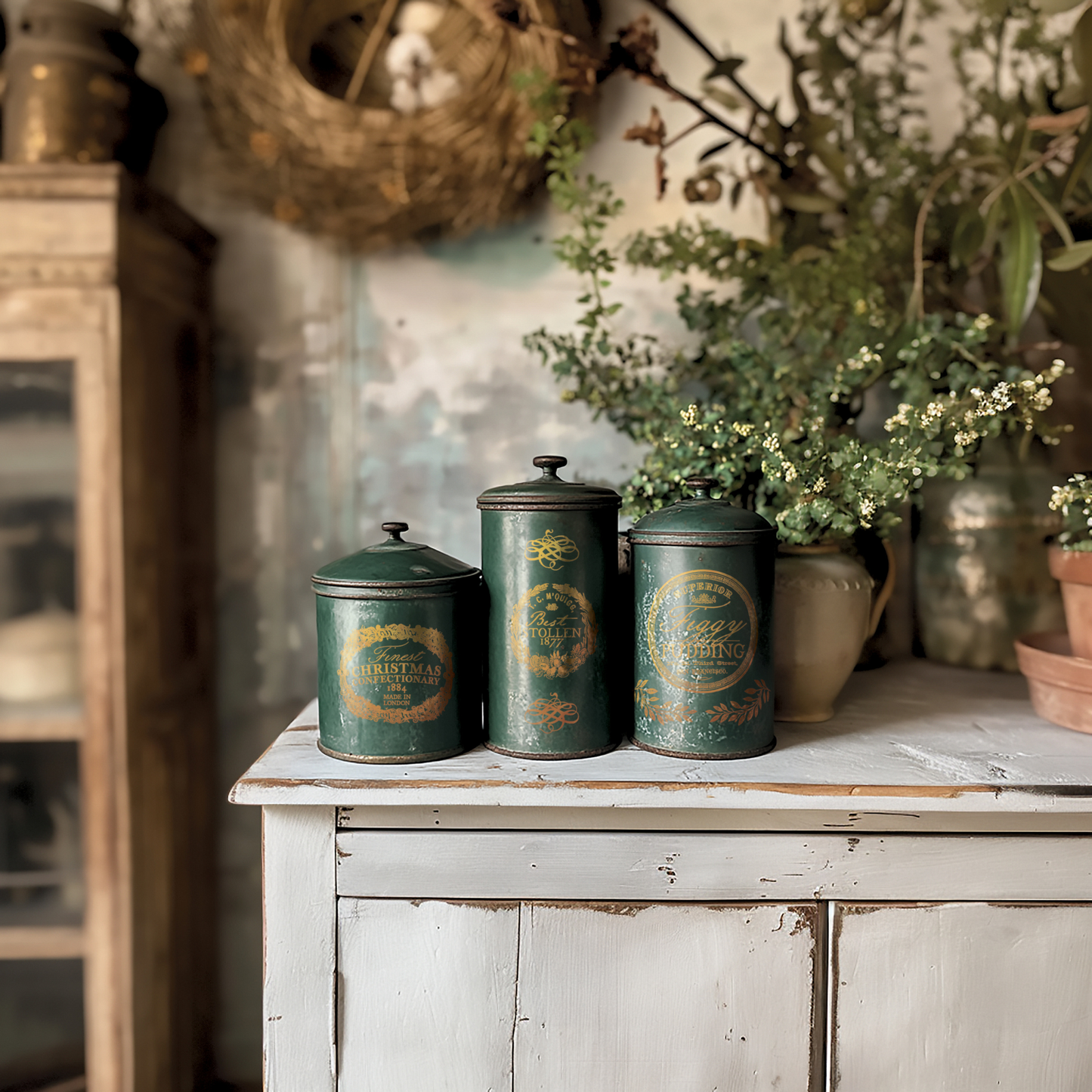 "Figgy & Flourish" IOD Gilded Foil Transfer by Iron Orchid Designs.Example pic 2. Transfer available at Milton's Daughter. Three vintage-style green canisters on a wooden surface with a rustic background.