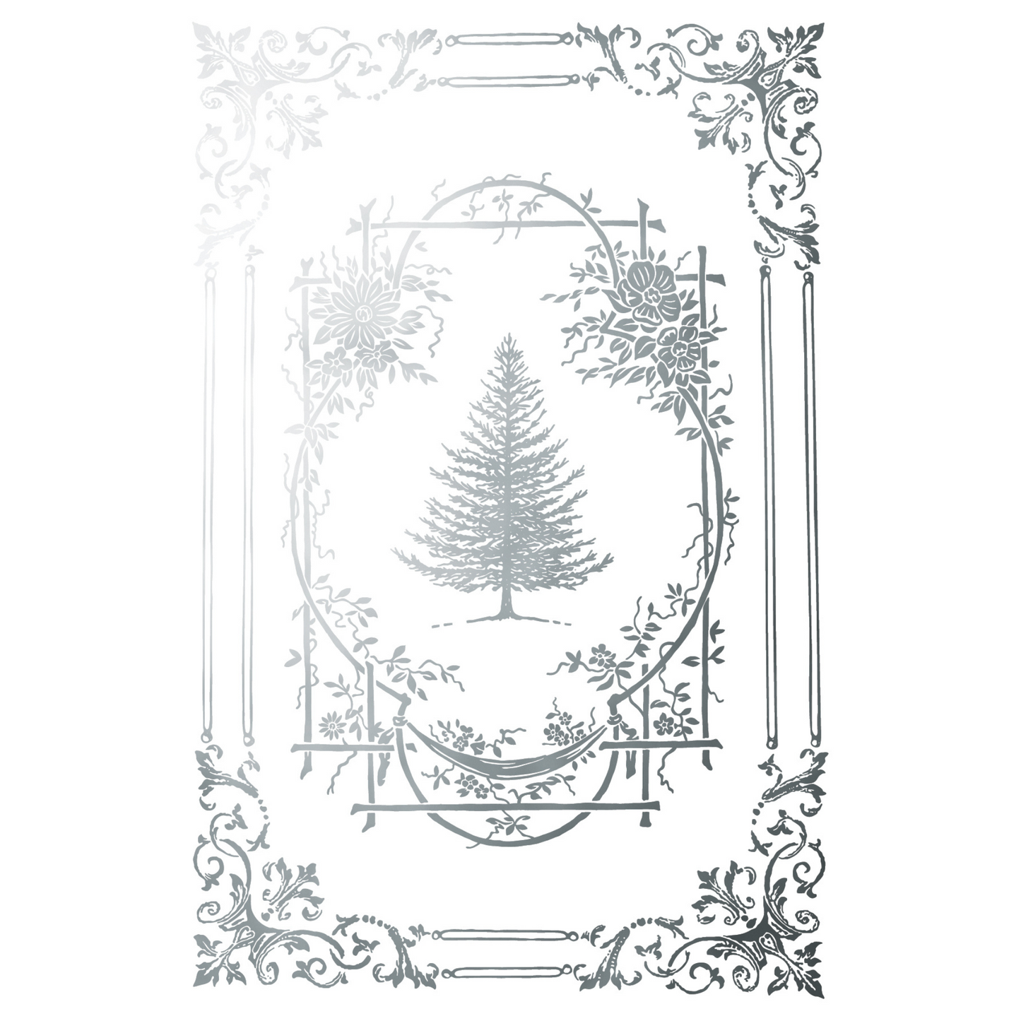 "Figgy & Flourish" IOD Gilded Foil Transfer by Iron Orchid Designs. Pg 1 of 8. Available at Milton's Daughter. Silver foil decorative frame with a tree and floral elements.