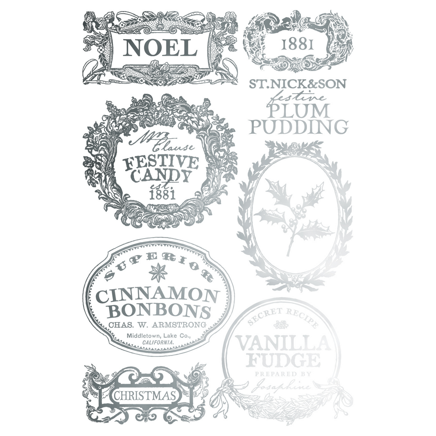 "Figgy & Flourish" IOD Gilded Foil Transfer by Iron Orchid Designs. Pg 2 of 8. Available at Milton's Daughter. Collection of vintage-style product labels in silver foil with decorative fonts and designs.