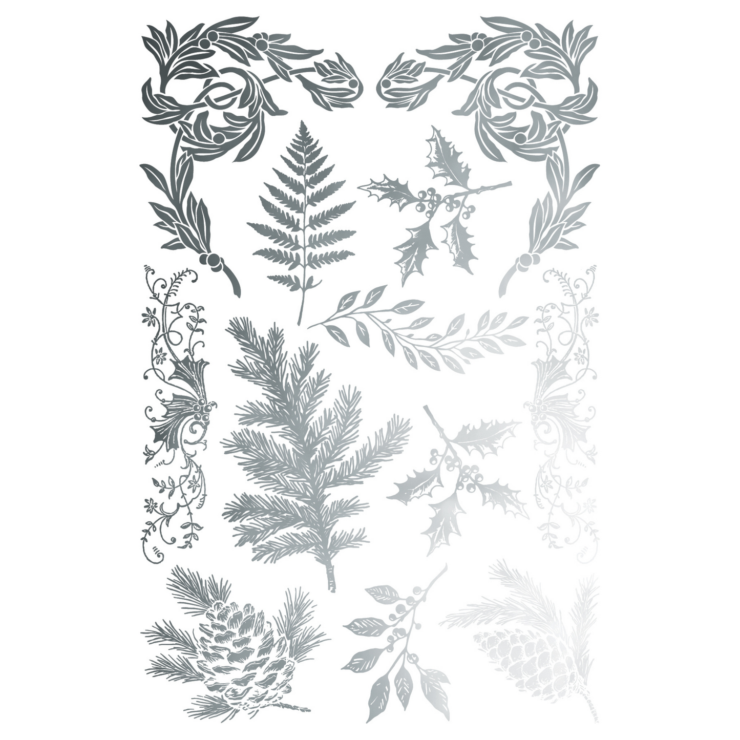 "Figgy & Flourish" IOD Gilded Foil Transfer by Iron Orchid Designs. Pg 4 of 8. Available at Milton's Daughter. Decorative arrangement of silver leaves, branches, and pinecones.