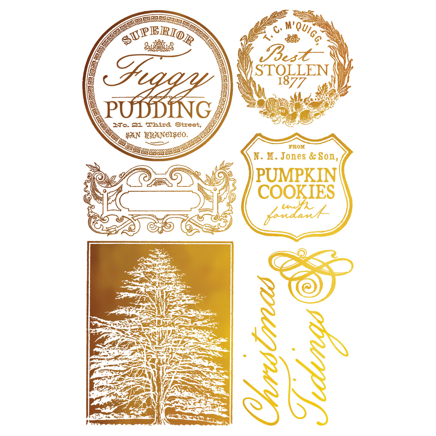 "Figgy & Flourish" IOD Gilded Foil Transfer by Iron Orchid Designs. Pg 5 of 8. Available at Milton's Daughter.Collection of vintage-style food product labels in gold foil.
