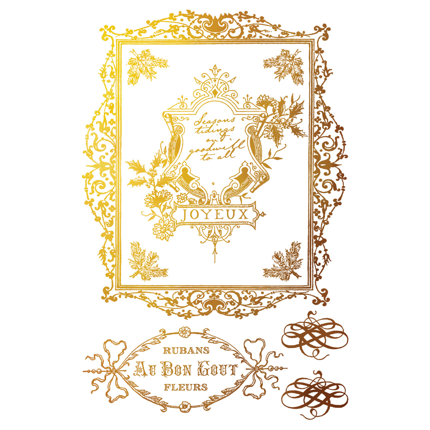 "Figgy & Flourish" IOD Gilded Foil Transfer by Iron Orchid Designs. Pg 6 of 8. Available at Milton's Daughter. Decorative gold foil frame with floral elements and text