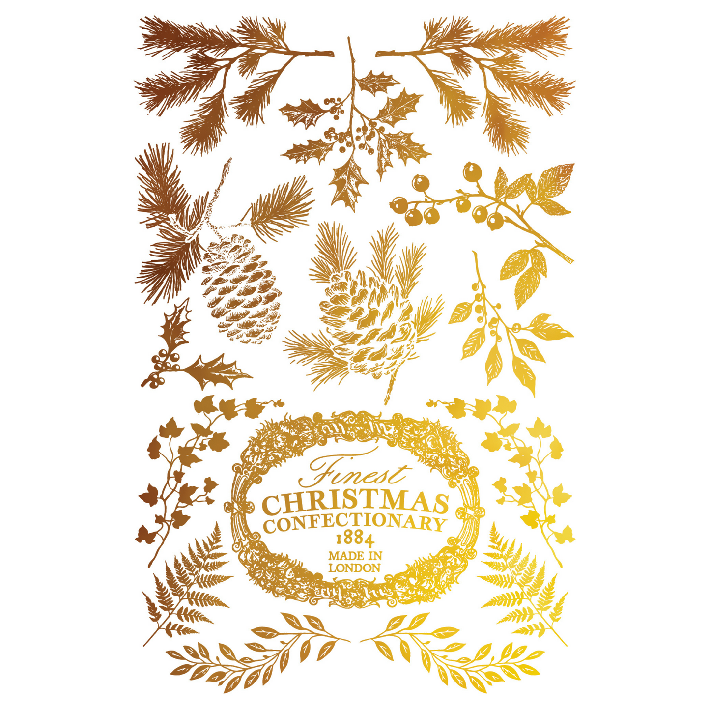 "Figgy & Flourish" IOD Gilded Foil Transfer by Iron Orchid Designs. Pg 8 of 8. Available at Milton's Daughter. Decorative design with gold and brown leaves, pinecones, and a wreath, all in gold foil.
