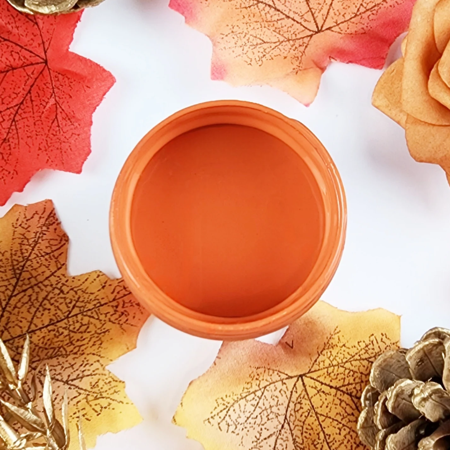 Image of open jar of bright orange paint with autumn colored leaves, flowers and pine cones on a white background.