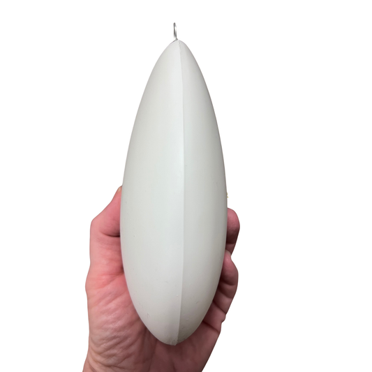 White flat egg shaped object in a hand against a white background