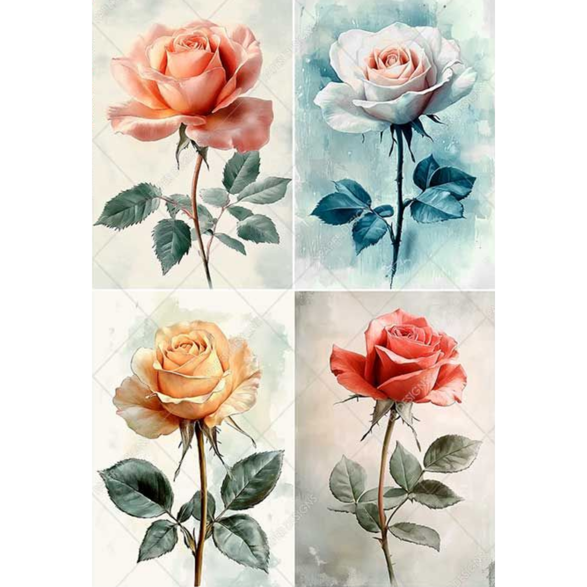 Four different colored roses with green leaves on a white background.