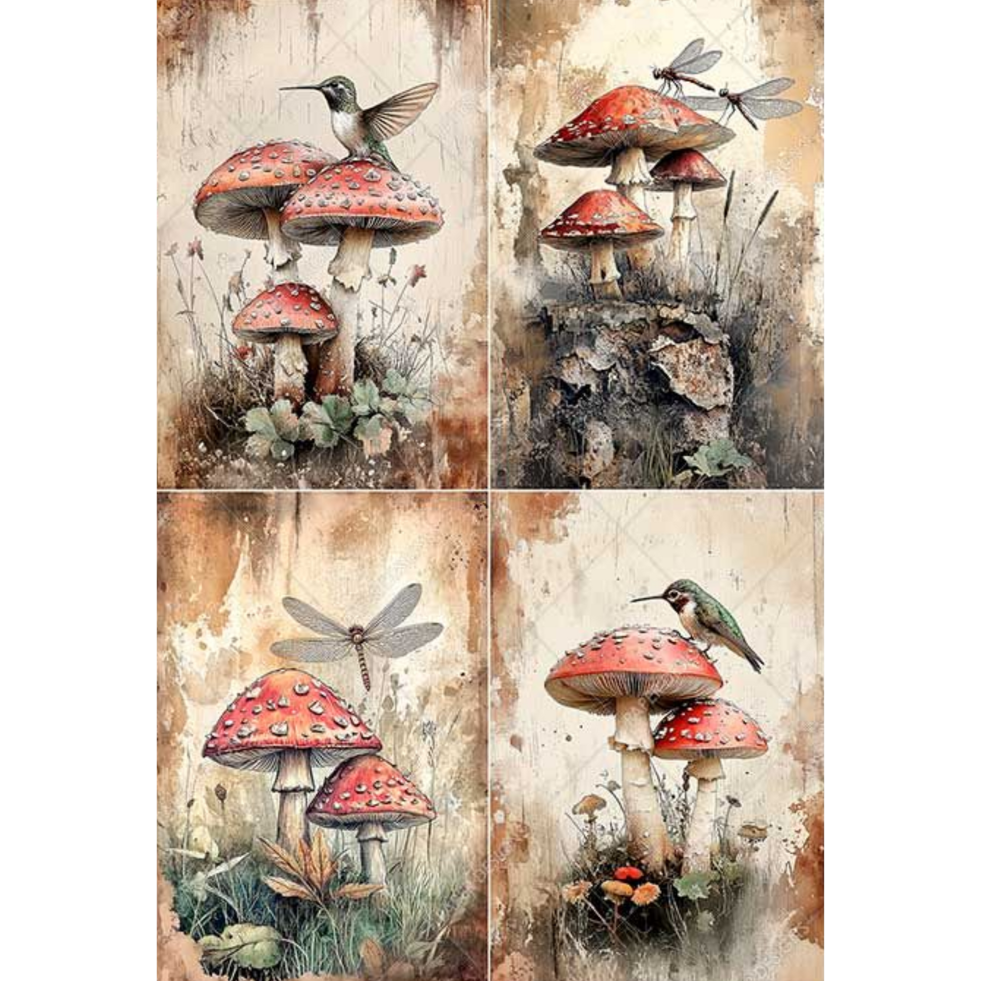 Four images featuring toadstools, hummingbirds, and dragonflies on a textured background.