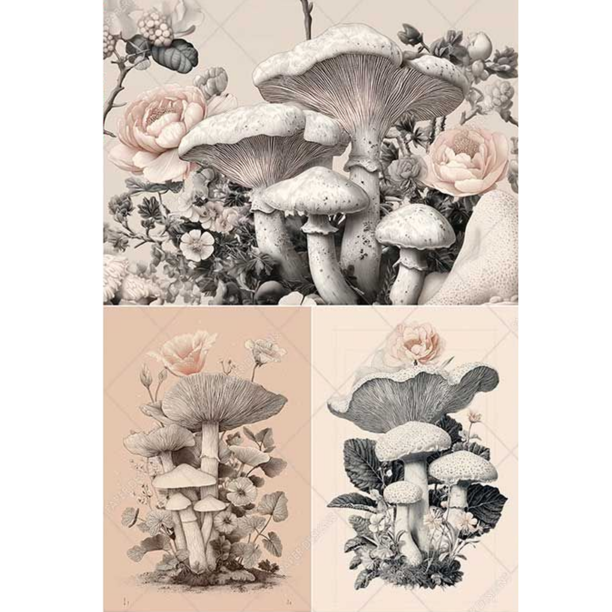 Collage of vintage-style illustrations featuring mushrooms and roses on a beige background.