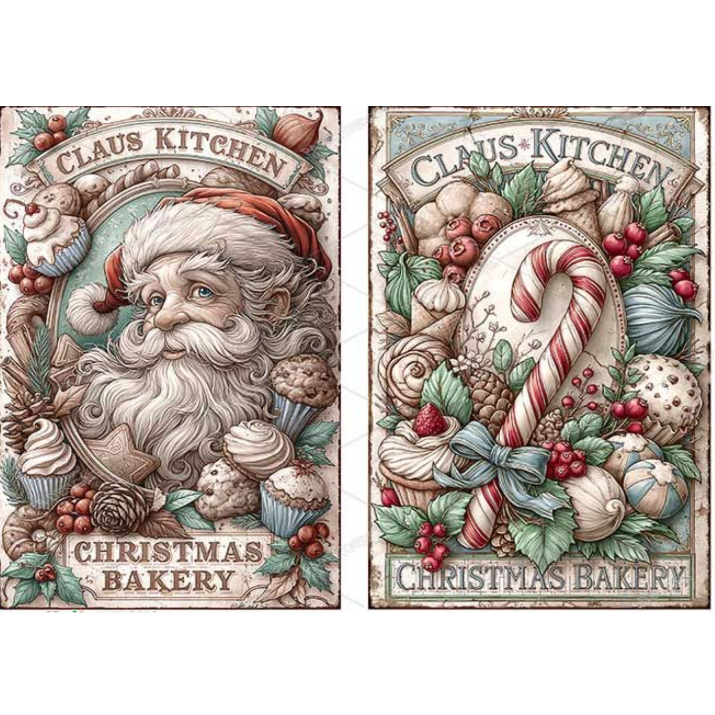 Two vintage-style Christmas bakery sign designs side by side, featuring Santa Claus, cupcakes, candy canes, holly, pinecones, and the text 'Claus Kitchen' and 'Christmas Bakery'.