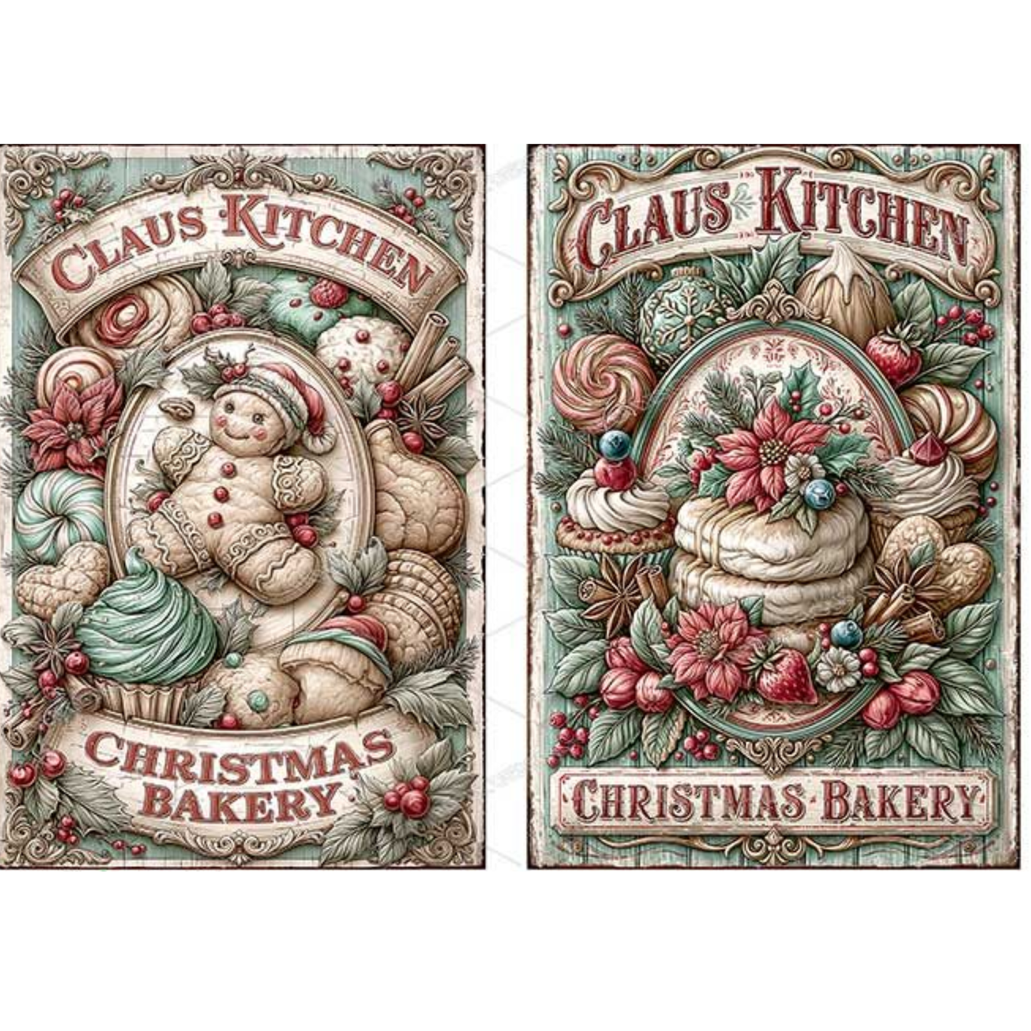 Two matching vintage-style Christmas bakery signs or labels shown side by side on a white background. The left sign shows a gingerbread man cookie, and the right shows cupcakes; the text 'Claus Kitchen' and 'Christmas Bakery appear in both images.