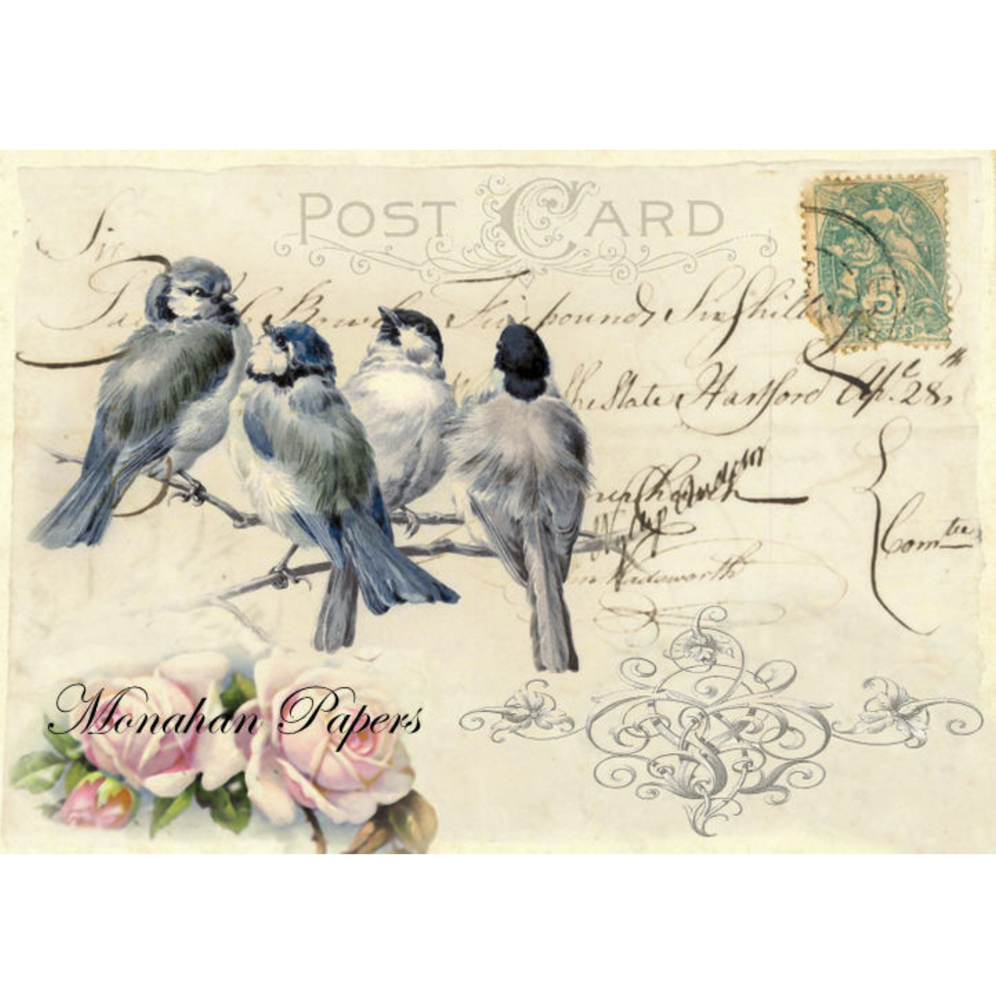 "Four Blue Tits"24 lb decoupage paper by Monahan Papers. Available at Milton's Daughter.