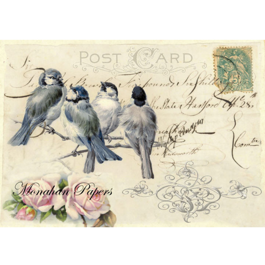 "Four Blue Tits"24 lb decoupage paper by Monahan Papers. Available at Milton's Daughter.