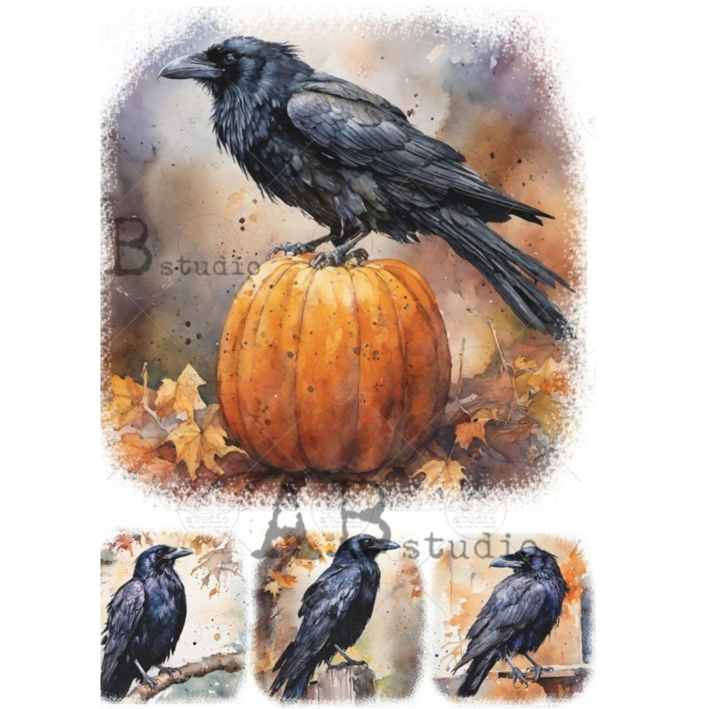 "Four Fall Ravens" decoupage rice paper by AB Studio. Available at Milton's Daughter.
