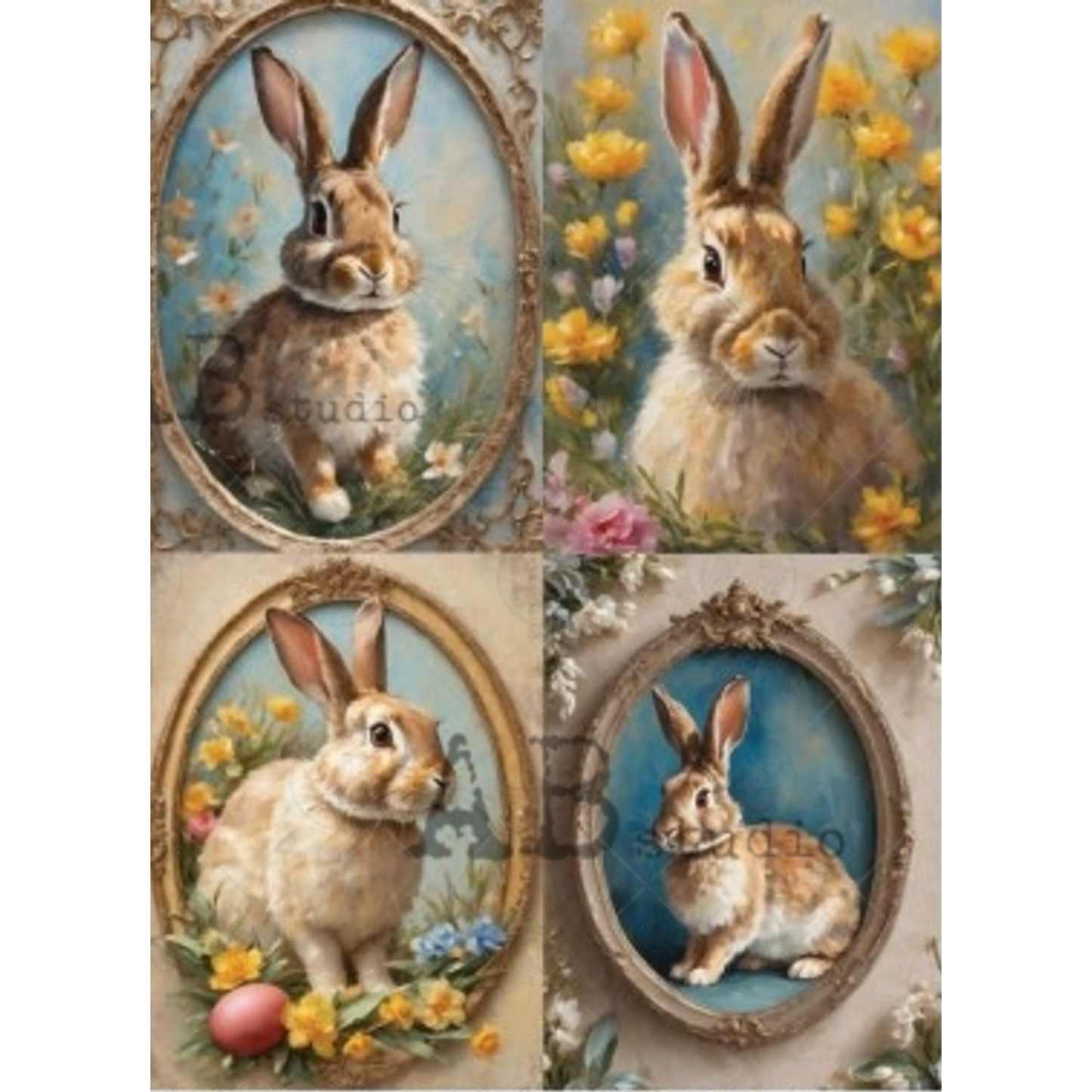 "Four Oval Bunny Portraits" decoupage rice paper by AB Studio. Available at Milton's Daughter.