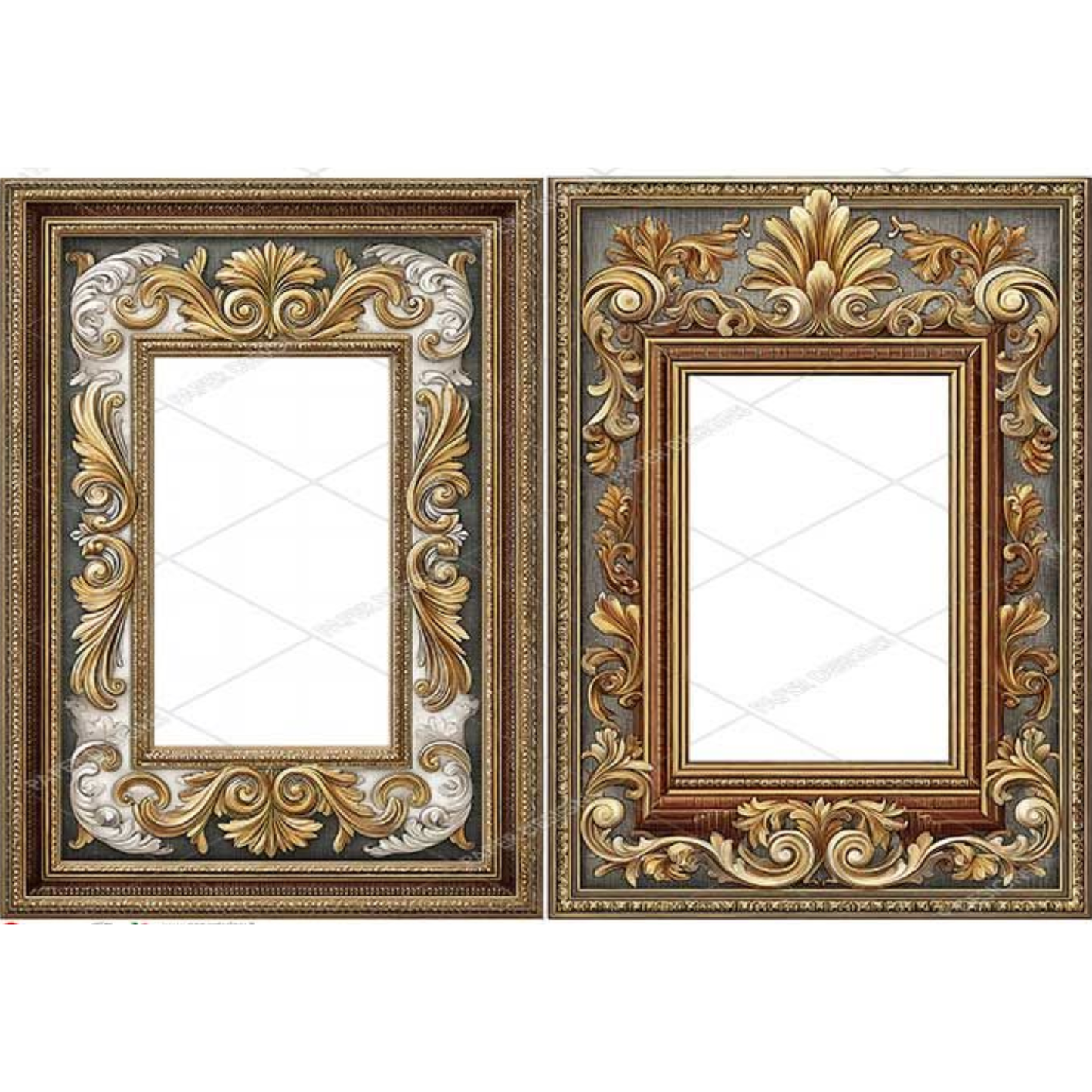 Two ornate gold and silver picture frames on a white background.