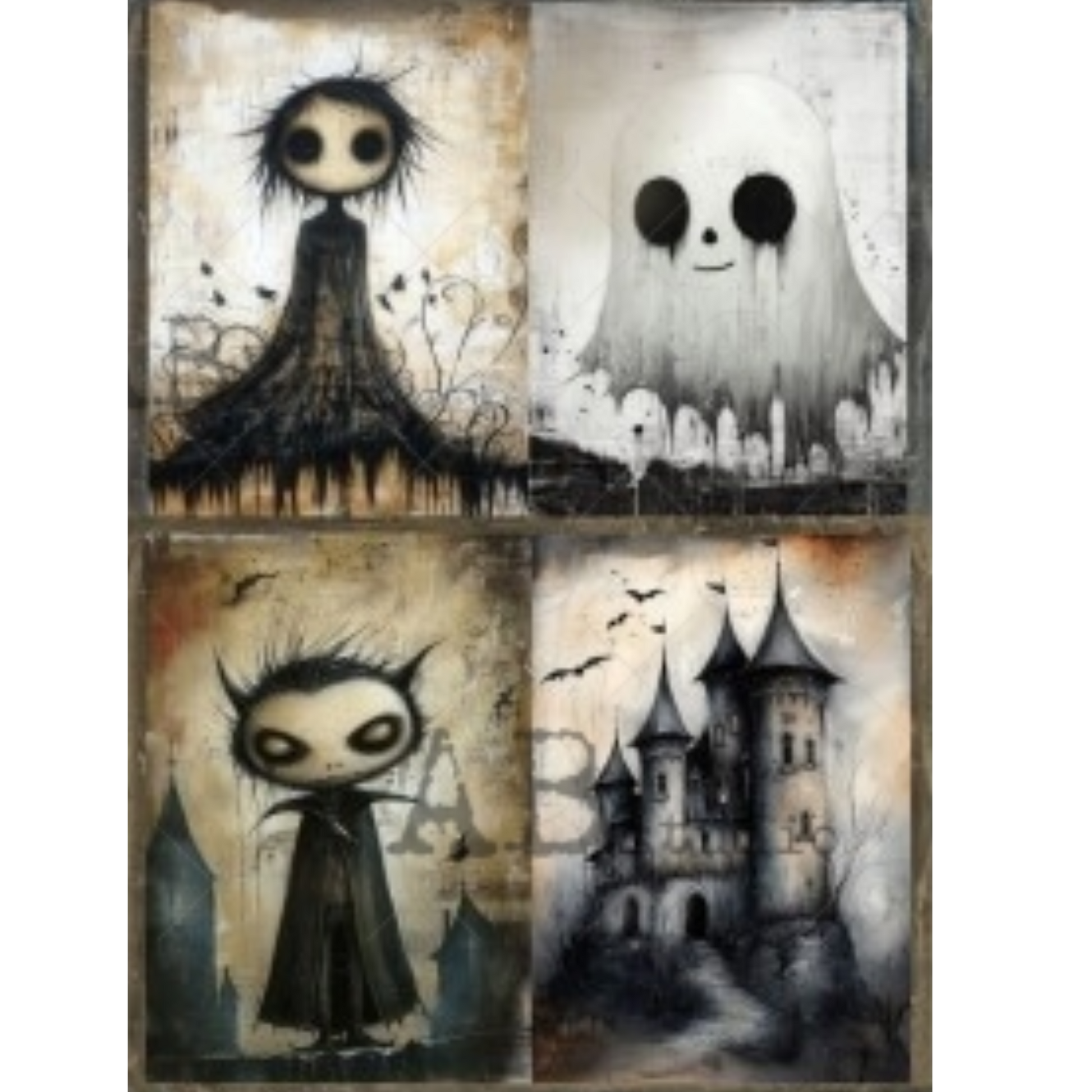 "Goth Halloween 4 Pack-2" decoupage rice paper by AB Studio. Four-panel artwork featuring stylized characters and a castle on a textured background.