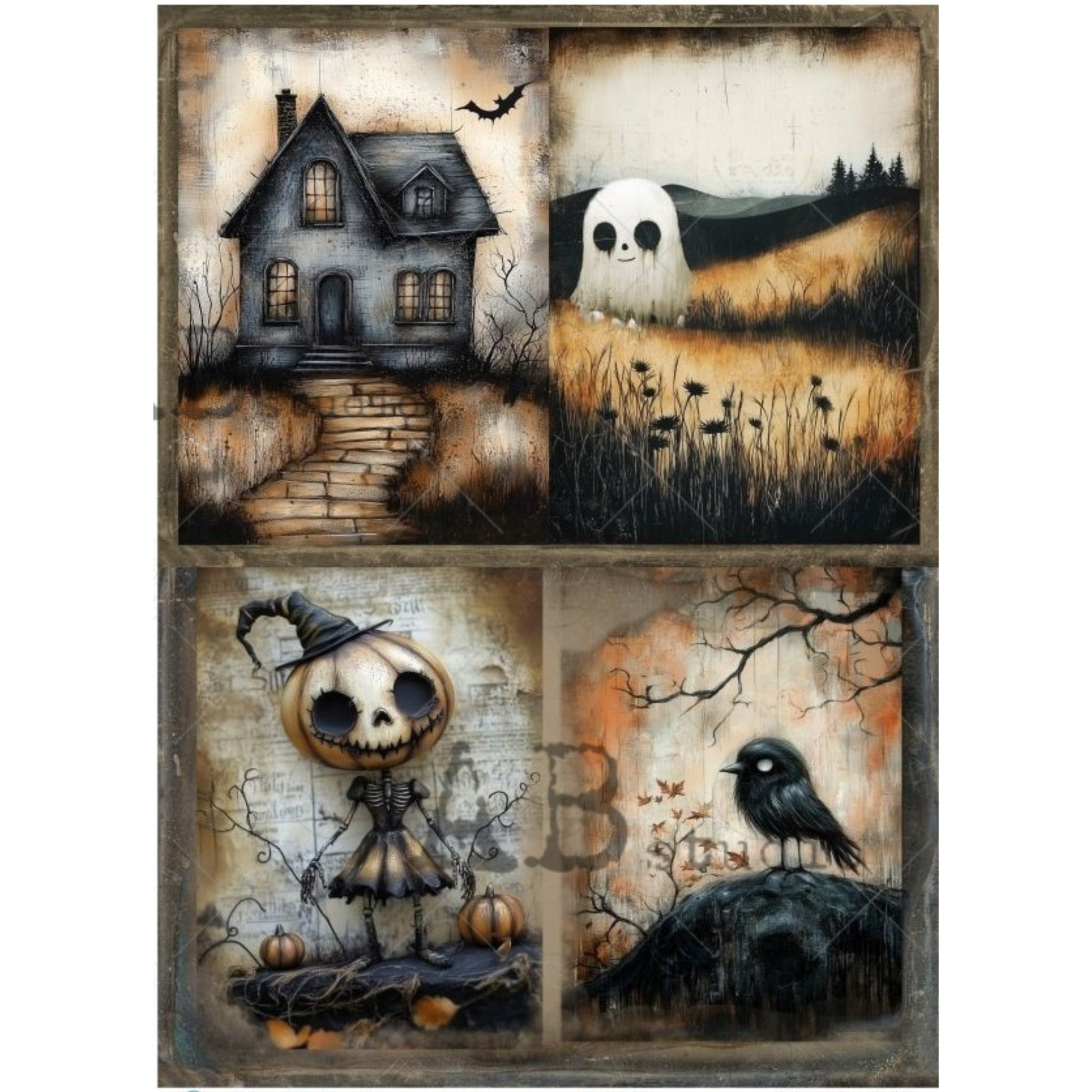 "Goth Halloween 4 Pack" decoupage rice paper by AB Studio. Four-panel Halloween-themed artwork with a house, ghost, pumpkin skeleton, and crow.