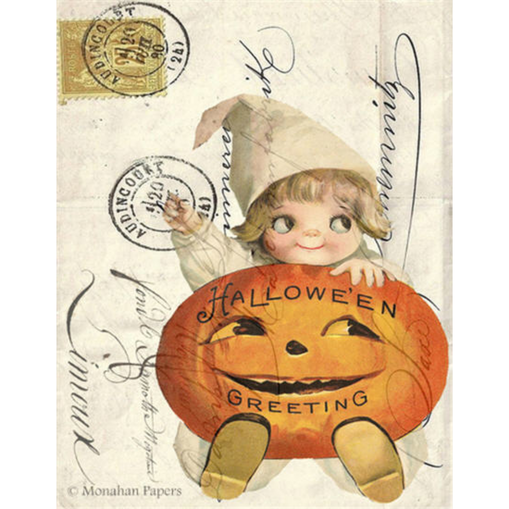 "Halloween Greetings" 24 lb decoupage paper by Monahan Papers. Available at Milton's Daughter.