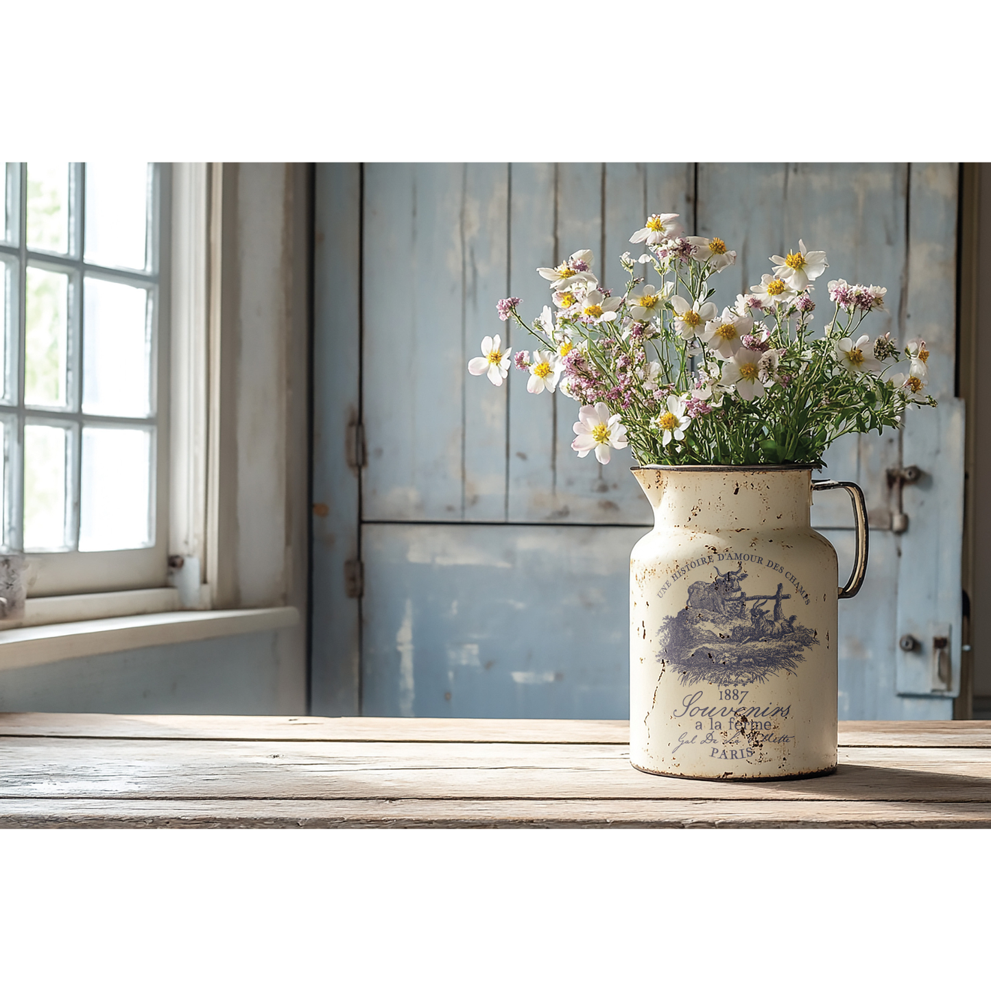 Vintage-style milk churn with flowers on a wooden surface near a window