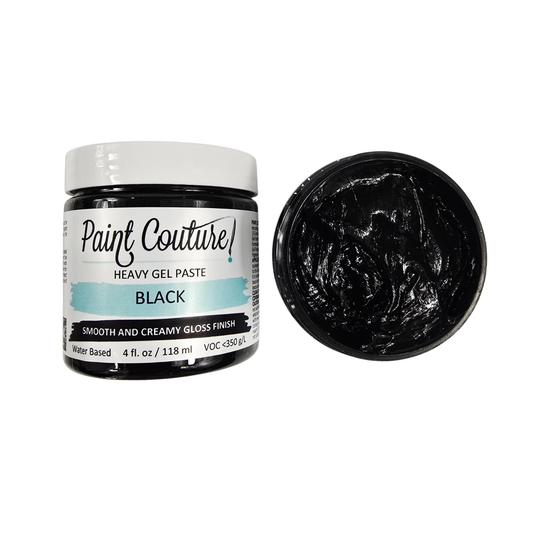 Jar of Paint Couture Heavy Gel Paste Black with a close-up of the black paste on a white background