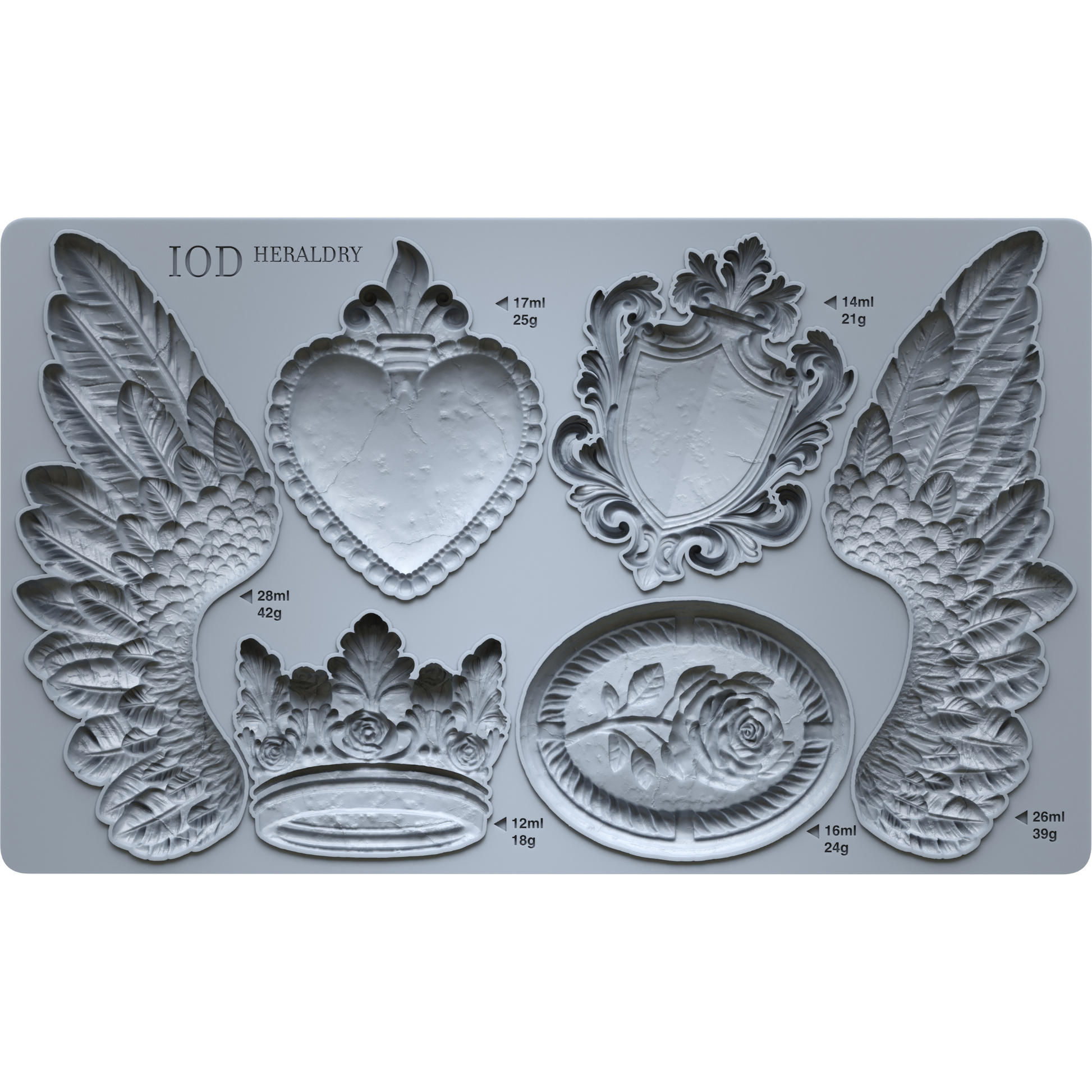 "Heraldry" IOD Mold by Iron Orchid Designs. 6" x 10" silicone mold. Available at Milton's Daughter. Product photo.