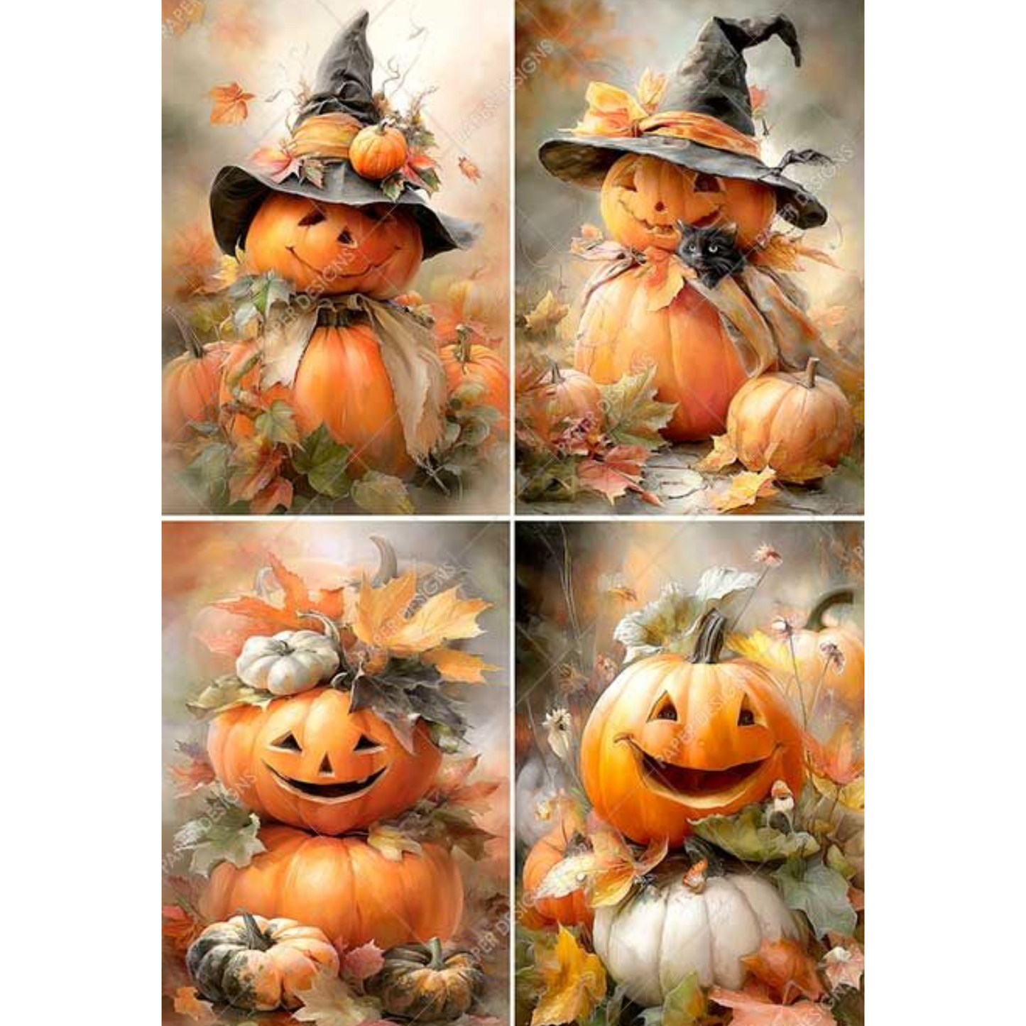 Set of four Halloween-themed images featuring pumpkins and autumn leaves.