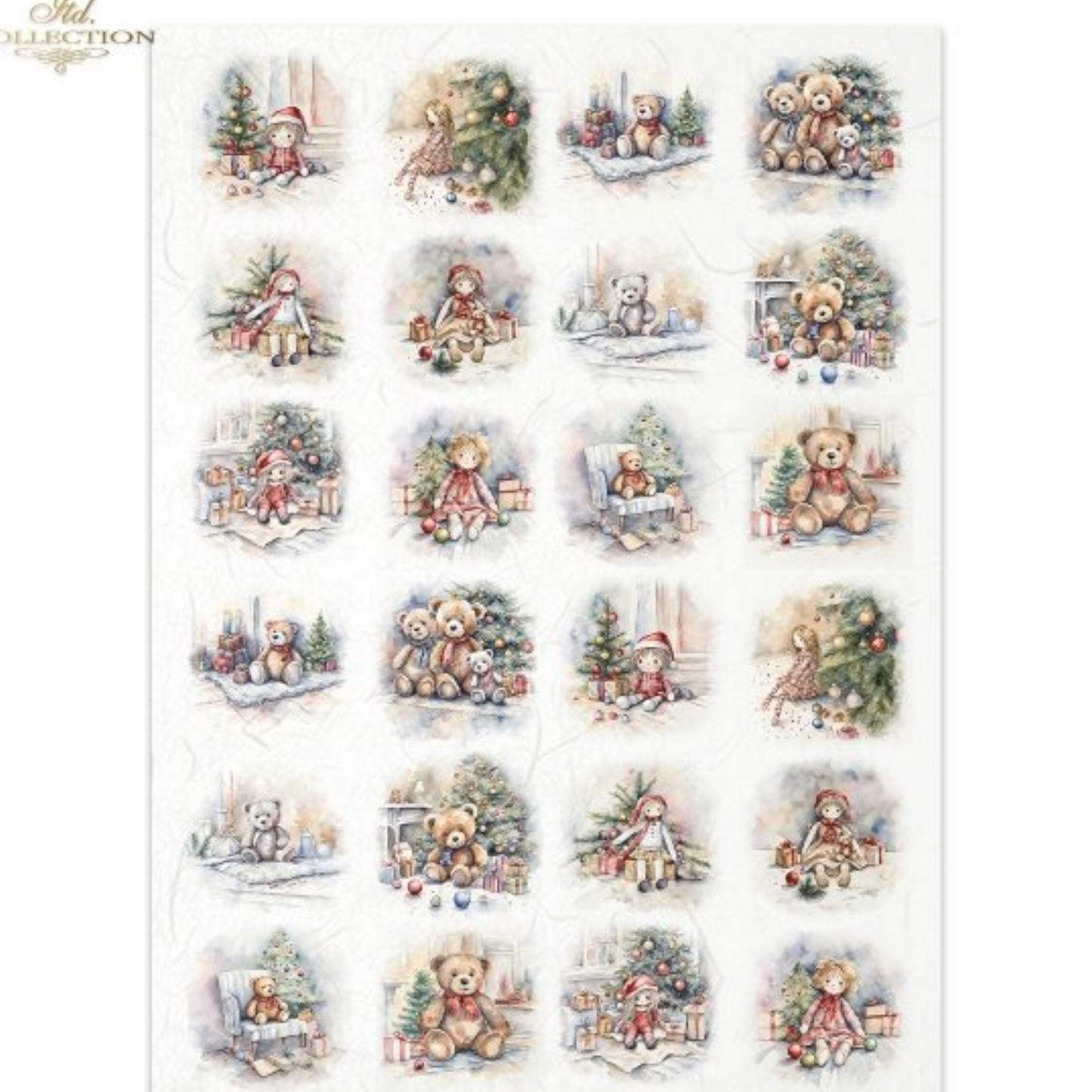 "Holiday Dolls & Teddy Bears Minis" decoupage rice paper by ITD Collection. Available at Milton's Daughter. Sheet of 24 Christmas-themed mini thumbnails featuring teddy bears, dolls, trees and presents.