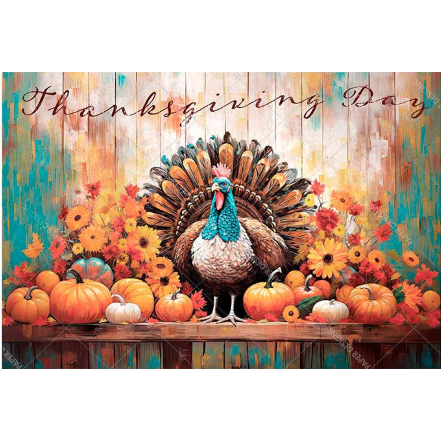 Thanksgiving-themed decorative paper signage with a turkey, pumpkins, and flowers on a wooden background.