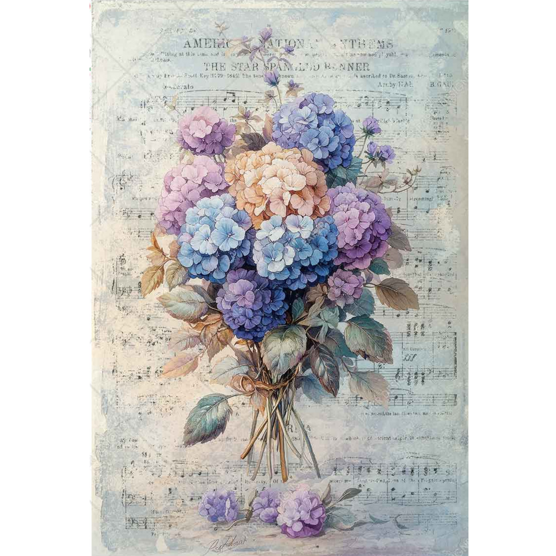 "Hydrangeas On Sheet Music Bouquet" decoupage rice paper by Paper Designs. Available at Milton's Daughter.