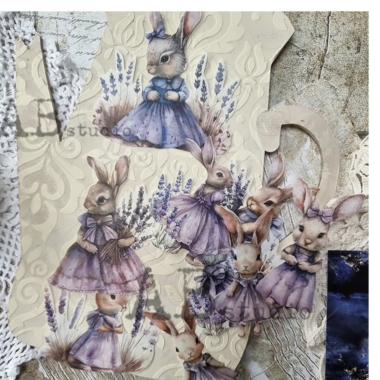 Illustrations of rabbits in dresses with lavender flowers on a textured background