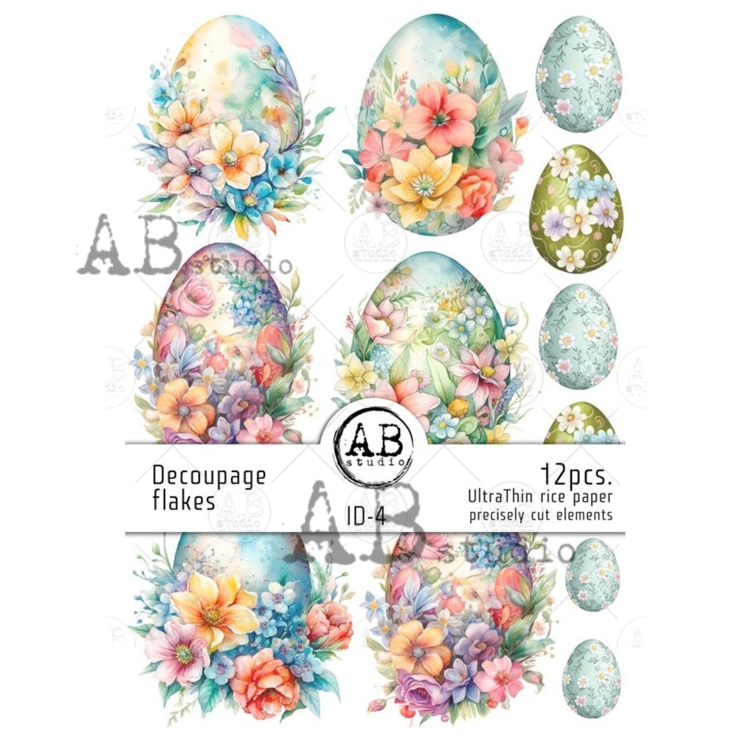 Decorative decoupage flakes with floral designs on egg shapes.