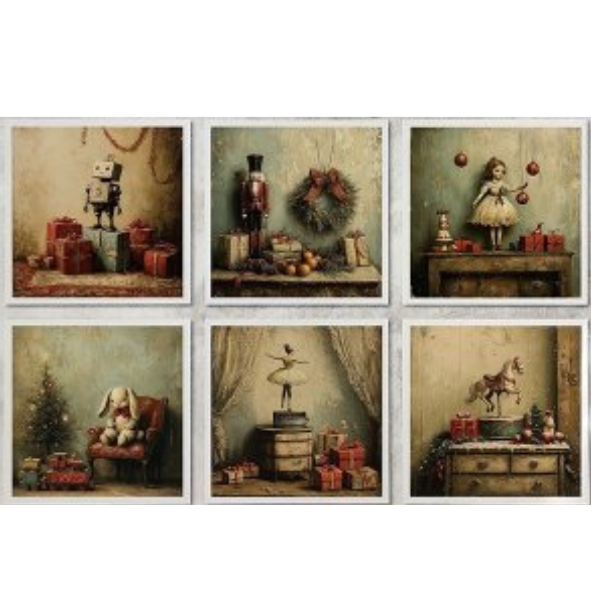 Set of six framed artworks featuring vintage-style scenes with toys and decorative items.